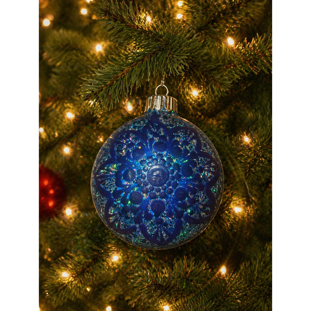 Hand-Painted Blue Mandala Ornament – Iridescent Sparkle Christmas Bauble